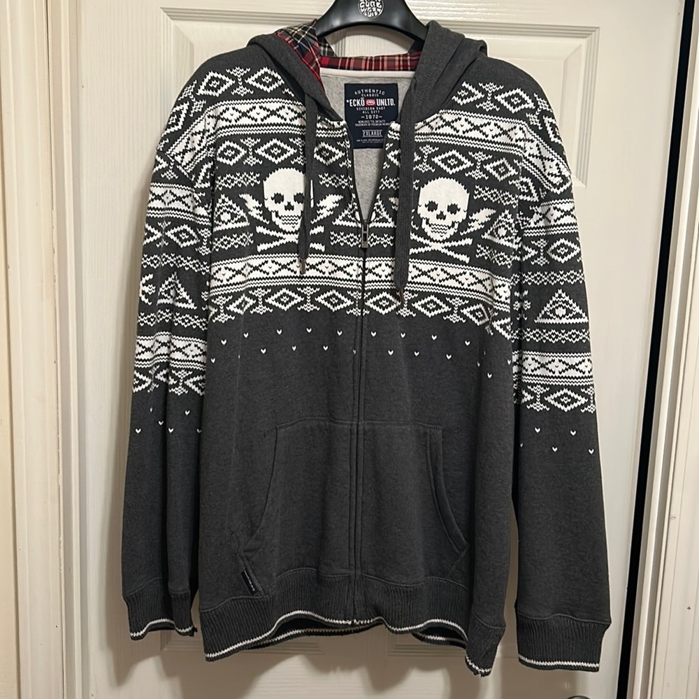 Men’s Hoodie EKCO Unlimited 2XL Grey with Skulls Front Zipper NWOT